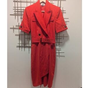 Vtg 90s Kasper for ASL Red Wrap Dress Double Breasted Belted Short Sleeve Sz 4